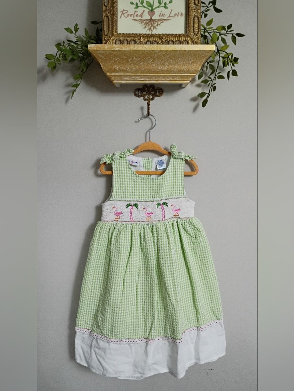 B.T Kids Light Green Gingham Smocked Flamingo Kids Dress